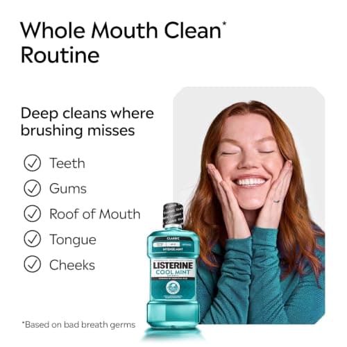 Listerine Cool Mint Intense Antiseptic Mouthwash, Daily Oral Rinse Kills 99.9% of Germs that Cause Bad Breath, Plaque and Gingivitis. For a Fresh, Clean Mouth, Intense Mint Flavor, 1.5 L — view 4