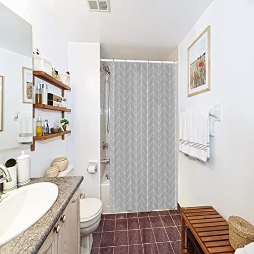 Riyidecor Small Stall RV Gray Grey Shower Curtain Liner for Bathroom Narrow Dorm Half Size Stand Up 36x72 Inches Wide Single Chevron Herringbone Geometric Tiny Walkin Fabric Polyester Bathroom — view 3