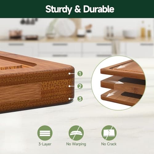 Zeawec 3-Piece Set Deep-Carbonized Bamboo Cutting Board for Kitchen - Crack-Resistant Wood Chopping Boards with Deep Juice Grooves, Pre-Oiled Butcher Block for Meat, Vegetables & Cheese, Carbonized — view 2