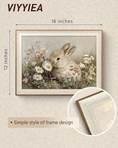 VIYYIEA Easter Vintage Bunny Framed Wall Art, Spring Floral Canvas Decor, Rabbit Painting for Holiday Home Decor, Cute Animal Print for Nursery Living Room and Seasonal Gifting, 12x16 Inch — view 5