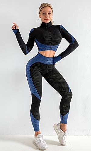 OLCHEE Women’s 3 Piece Workout Outfit Set Sports Bra Jacket and Leggings Blue L — view 3