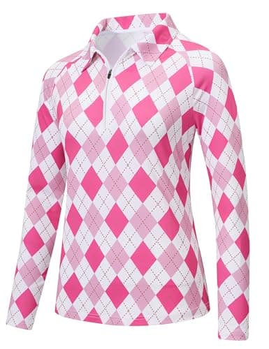MoFiz Women's Golf Polo Shirt UPF 50+ Sun Protection Long Sleeve T-Shirt 1/4 Zip Pullover Athletic Hiking Runing Tops Pink Argyle XL — view 2