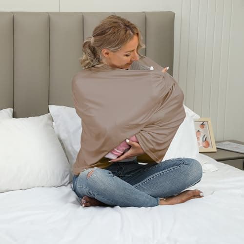 Breathable Car Seat Cover for Babies – Multi-Purpose Soft Rayon Nursing Cover for Breastfeeding, High Stretchy Infant Carseat Canopy, Stroller Cover (Smooth Rayon, Mocha Natural) — view 3