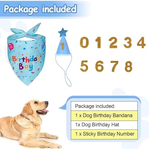 Yicostar Dog Boy Girl Birthday Party Hat, Dog Birthday Party Supplies, Birthday Bandana Set with Numbers for Gaint and Extra Large Dogs (Blue) — view 3