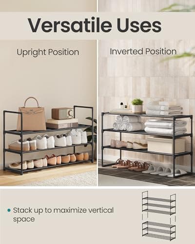 SONGMICS Shoe Rack, 3-Tier Shoe Organizer, Sturdy Storage Shelf, Upright or Upside Down, for 16-20 Pairs, Stackable, for Entryway, 30 x 92 x 55 cm, Black ULSA303B02 — view 3