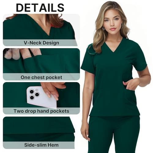 Scrubs Set for Women Nurse Uniform V-Neck Top and Drawstring Jogger Pants with Multi Pocket Nurse Workwear (Dark Green, Medium) — view 3