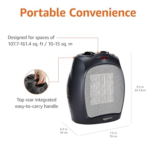 Amazon Basics Ceramic Space Heater, Portable Indoor Heating Solution, With Overheat and Tip-Over Protection, Thermostat, Non-Oscillating, 1500W, 7.52"D x 6.34"W x 9.45"H, Black — view 2