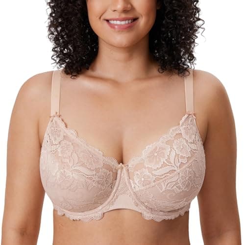 DELIMIRA Women's Plus Size Bras Full Coverage Lace Underwire Unlined Bra Beige 36F