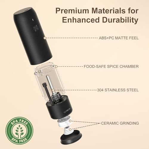 Ultrean Pepper Grinder, Rechargeable Salt and Pepper Grinder with 6 Adjustable Coarseness, LED Light, Automatic Grinder for Kitchen, Home and Kitchen Appliances Birthday Gifts for Women, Black — view 4