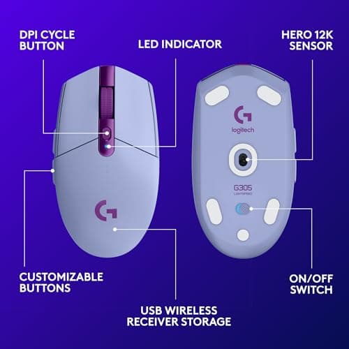 Logitech G305 Lightspeed Wireless Gaming Mouse, Hero Sensor, 12,000 DPI, Lightweight, 6 Programmable Buttons, 250h Battery, On-Board Memory, Compatible with PC, Mac - Lilac — view 5