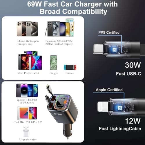 4 in 1 Retractable Car Charger,69W USB-C Fast Car Charger, for iPhone 17/16/15/14/13/12/11, Android,Pixel,Cigarette Lighter Charger (for Type C+Lightn-ing)
