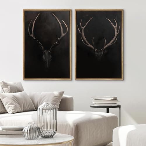 SIGNWIN Framed Canvas Print Wall Art Rustic Antler Skull Dark Dramatic Black Vintage-Inspired Deer and Elk Antlers Illustrations Decorative for Living Room, Bedroom, Office - 24"x36"x2 Natural — view 2