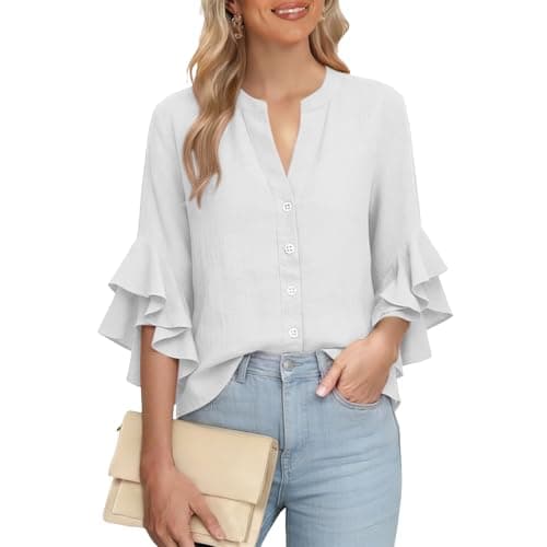 3/4 Ruffle Sleeve Cotton Linen Shirts for Women Dressy V Neck Beach Tunic Tops Elegant Summer Casual Work Blouses White — view 5