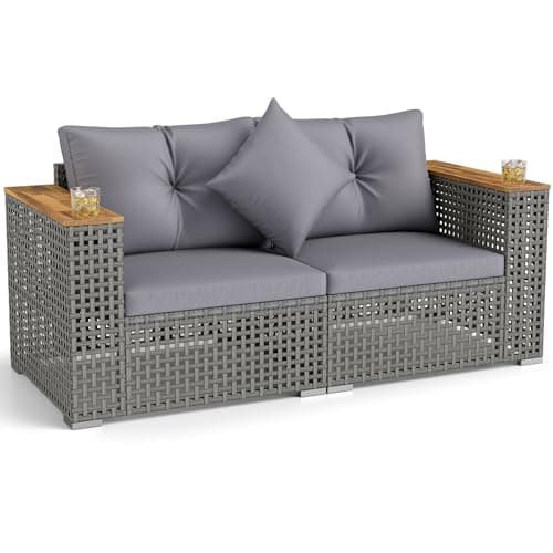 Tangkula 62.5" Large Patio Wicker Loveseat with Acacia Wood Armrests & Cup Holders, Outdoor 2-Piece Rattan Corner Sofa with Cushions, Sectional Conversation Set for Garden Backyard Porch Balcony, Grey