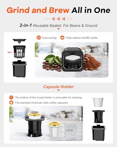 Horavie Single Serve Coffee Maker with Built-in Grinder, Fast Brew 6-16oz Single Cup for Whole Beans, Grounds, K-Cup, Grind and Brew Coffee Maker with 47oz Water Tank, Descaling Alert, Black