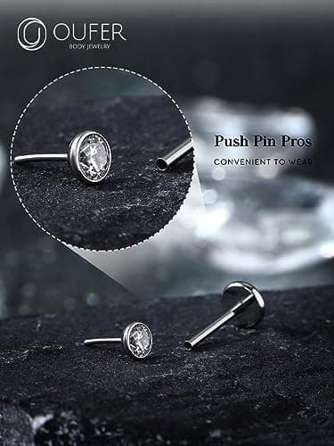 OUFER Nose Rings Studs, Titanium Nose Rings 20G, Nose Studs Threadless 6mm/8mm, Clear CZ Flat Back Nostril Piercing Jewelry for Women and Men