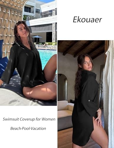 Ekouaer Womens Swimsuit Coverups Beach Cover Up Shirt Summer BeachwearX-Large Black — view 2