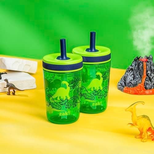 Zak Designs Kelso 15 oz Tumbler Set, (Dino Camo) Non-BPA Leak-Proof Screw-On Lid with Straw Made of Durable Plastic and Silicone, Perfect Toddler Cup Bundle for Kids (2pc Set)