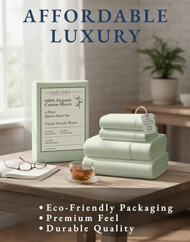 Lane Linen 100% Organic Cotton Queen Sheet Set, 4-Piece Percale Bed Sheets for Queen Bed - Soft, Breathable, Hypoallergenic, Deep Pocket Fits Mattress Up to 15" Deep, Hotel Quality Sheets - Mineral — view 7