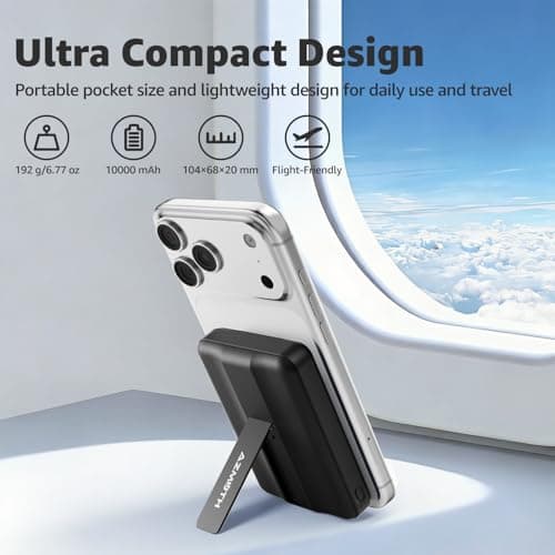 Azmuth Magnetic Wireless Power Bank 10000mAh, Compatible with MagSafe 15W Portable Fast Charger for iPhone 17/16/15/14/13/12 Series Built-in Stand LED Display 20W PD USB-C Black — view 3