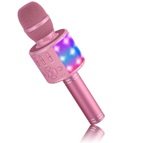 BONAOK Kids Karaoke Microphone Portable Bluetooth Machine Wireless Mic with LED Light, Birthday Gift Toys for Girls Boys Ages 4 5 6 7 8 9 10 11 12 Years Old Party Home(Pinkcolor)