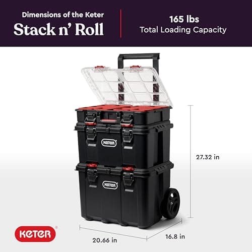 Keter Stack-n-Roll Modular Tools Organizer for Garage Storage and DIY, 3 Piece Resin Rolling Tool Box System for Small Parts, Black — view 2