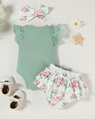 FAMIHAO Big Sister Little Sister Matching Outfits Baby Girl Romper Tops with Floral Shorts Summer Clothes Set,3-6M Green — view 2
