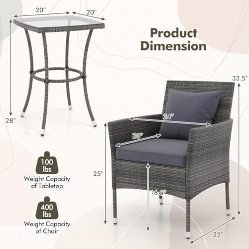 DORTALA Wicker Patio Furniture Set 3 Piece, Small Outdoor Table & Chairs with Tempered Glass Tabletop, Cushions, Rattan Conversation Bistro Set for Balcony, Porch, Backyard, Deck, Mix Gray+Gray — view 6