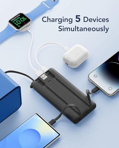 VRURC Portable Charger, Built-in 4 Cables Slim Power Bank 10000mAh, USB C Charging Bank with LED Display, Compact Travel Battery Pack with 5 Outputs for Multi Devices, Android-Black(1 Pack) — view 2
