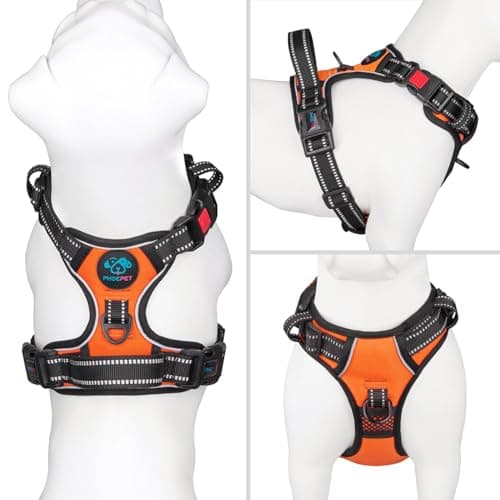 PHOEPET Reflective Dog Harness Large Breed Adjustable No Pull Vest with with Handle 2 Metal Rings 3 Buckles [Easy to Put on & Take Off](M, Orange)