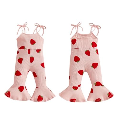 Toddler Baby Girl Romper Overalls Outfit Plaid Jumpsuit Floral Strawberry Birthday Flare Pants Summer Clothes (B5 Strawberry Pink, 12-18 Months) — view 5