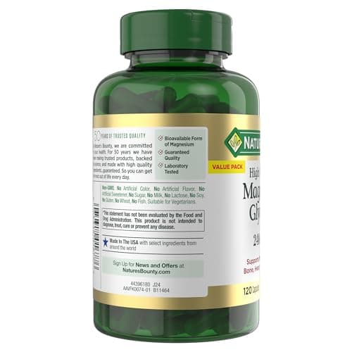Nature’s Bounty High Absorption Magnesium Glycinate 240 mg for Supporting Muscle Relaxation and Bone, Heart & Nerve Health – Non-GMO, Gluten-Free, Vegetarian, 120 Count/60 Servings — view 9
