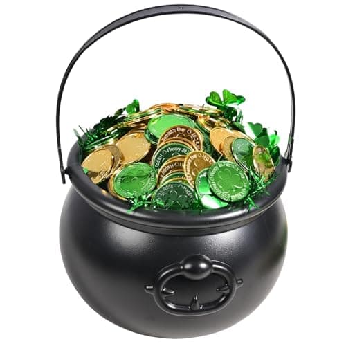 EnriQ 202 Pcs St Patrick's day 8" Black Cauldron Candy Kettle with 200 Lucky Coins for St Patty Decorations St. Patricks Day Party Favor — view 2