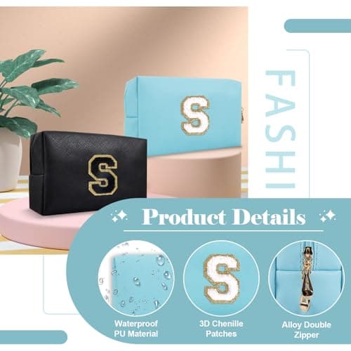 Small Personalized Initial A-Z Preppy Patch Makeup Bag,PU Chenille Letter Travel Cosmetic Pouch with Zipper,Blue Cute Toiletry Bag,Gift Ideal for Teen Girls Women Teacher Bridesmaid,Letter S — view 2
