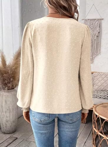 Falechay Womens Winter Tops V Neck Fashion Flower Trendy Tops for Women Apricot Dressy Casual Swiss Dot Clothes XS — view 4