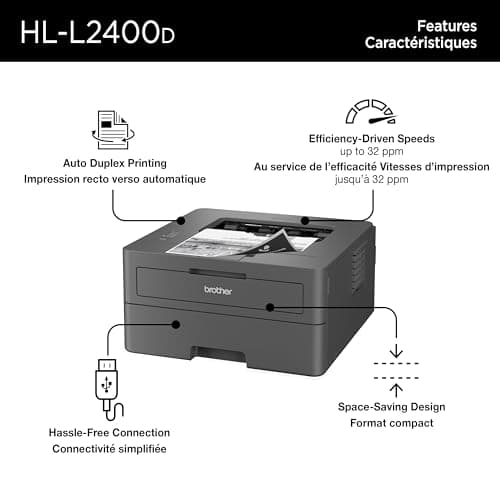 Brother HL-L2400D Compact Monochrome Laser Printer with Duplex Printing, USB connectivity (Cable Sold Separately), Black & White Output — view 2