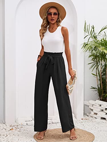 Heymoments Wide Leg Women Pants Casul Lightweiht Waisted Adjustable Tie Knot Loose Comfy Flowy Casual Black Large Trousers with Pockets — view 3