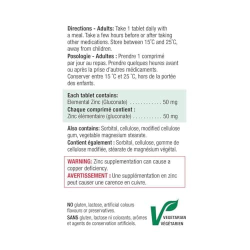 Jamieson Ultra Strength Zinc 50 mg, Supports Immune Health, Tissue Formation, and Healthy Skin. Vegetarian, Non-GMO, Gluten-Free, 100 Tablets, Proudly Canadian — view 6