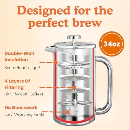 Non-Toxic Stainless Steel French Press, No Plastic or Heavy Metals, 34 oz — view 4