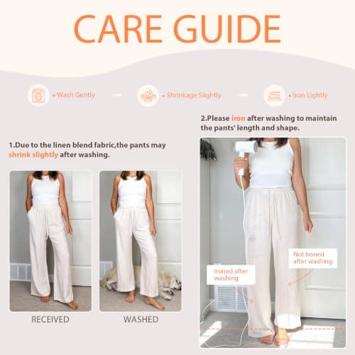 AISEW Women's Cotton Linen Palazzo Pants Drawstring Elastic Waist Casual Wide Leg Long Lounge Trousers with Pockets (Beige, 7031M) — view 3