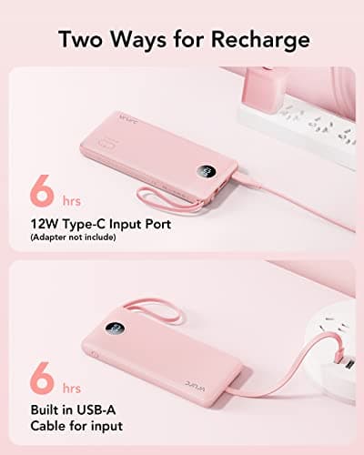 VRURC Portable Charger 10000mAh, Battery Pack with LED Display,Slim Power Bank Built-in USB C Cables Phone Charger Compatible with iPhone17/16/15 & Early Series,Samsung,Android etc-Pink — view 5