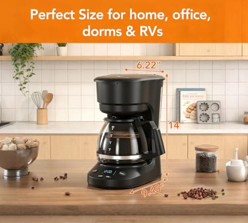 Electactic 5-Cup Drip Coffee Maker, a compact coffee machine with a digital clock and 24-hour programmable timer, featuring Auto Shut-Off, and a Removable Filter Basket for Home & Office-Deep Black — view 2