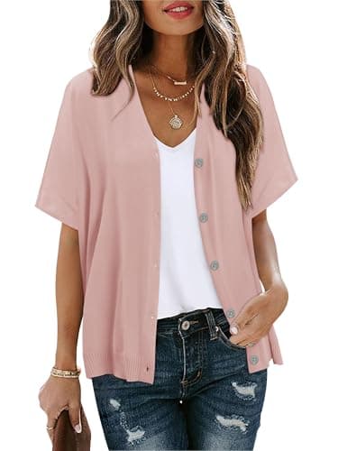 BETTE BOUTIK Womens Half Short Sleeve Cardigans Summer Lightweight Knit V Neck Button Down Casual Sweater Tops for Beach Vacation Pink Large — view 2