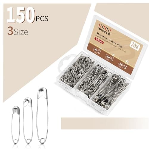 XKDOUS 3 Most Universal Safety Pins Assorted Sizes, Small & Large Safety Pins for Clothes, 150 Pack Silver Sharp Edge Pins for Clothing, Sewing & Craft Supplies — view 2