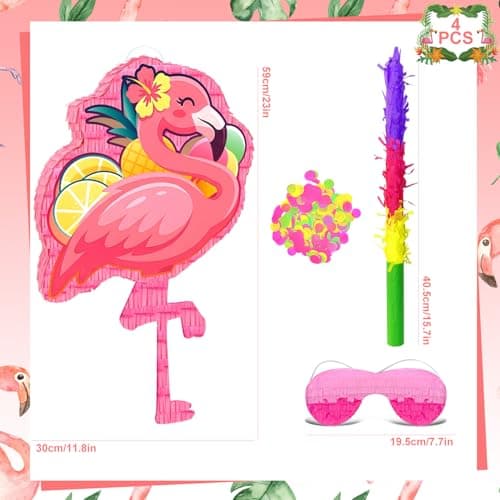 4 In 1 Flamingo Piñata, 23'' Hawaiian Piñatas Bundle, Tropical Hawaiian Party Decor Stick etc Flamingo Party Favor Bag Fillers Decorations
