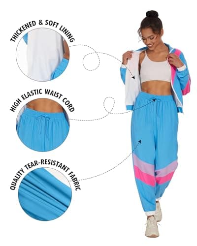 UOUA 80s Outfits for Women 90s Costume for Halloween 2 Piece Long Sleeve Color Block Windbreaker Jacket Track Suit Set Pink White S — view 5