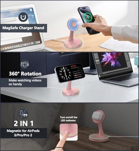 Magnetic Wireless Charger Stand 15W Fast Mag-Safe Charger for iPhone 17 /17 pro/ 17 Air/ 17 pro max 16/15/14/13/12 Series Magnet Wireless Charging Station/Pad with Sleep-Friendly Light for AirPods