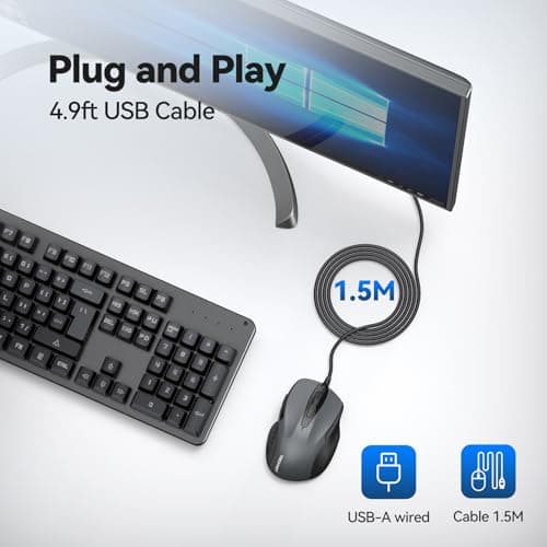 TECKNET USB Wired Mouse, 6-Button Corded Computer Mouse with 4 Adjustable DPI, Optical Computer Mice with Ergonomic Design and 5FT Cord for Laptop, Chromebook, PC, Desktop, Mac, Notebook-Gray — view 4