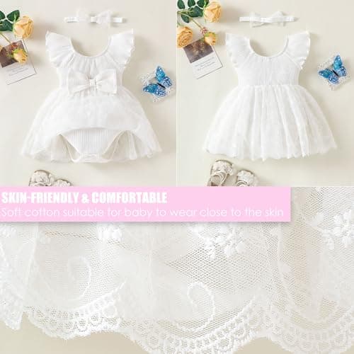 TENTIDE Baby Girl Romper Dress Ribbed Newborn Lace Boho Tutu Dresses Headband Baptism Photography Wedding Summer Outfit 0-24M(6-12 Months,White) — view 5