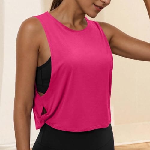 Athletic Tank Tops for Women Twist Knot Cut Out Side Slit Crop Tops Yoga Workout Loose Fit Sleeveless T-Shirts Hot Pink